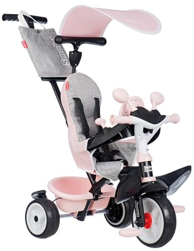 Smoby - Tricycle Baby Driver Rose - Evolutif 3 en 1 - Poignée Parentale Réglable - Frein de Parking, Repose-Pied, Pare-Soleil Anti-UV - A Partir de 10 Mois Jusqu'à 3 Ans - Fabrication Espagnole