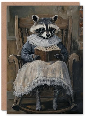 Artery8 Greeting Card Raccoon Reading Bedtime Story on Rocking Chair Blank For Him Or Her Art Birthday Card