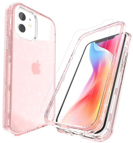 LUNOVATE Case for iPhone 11 Shockproof Glitter 360 with 2 Screen Protector Hard PC + Soft TPU 3 in 1 Bumper Cover Transparent Protective Phone Case for iPhone 11 6.1 inch - Pink Glitter