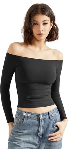 SUUKSESS Women Off Shoulder Double Lined Long Sleeve Shirts Basic Going Out Tops