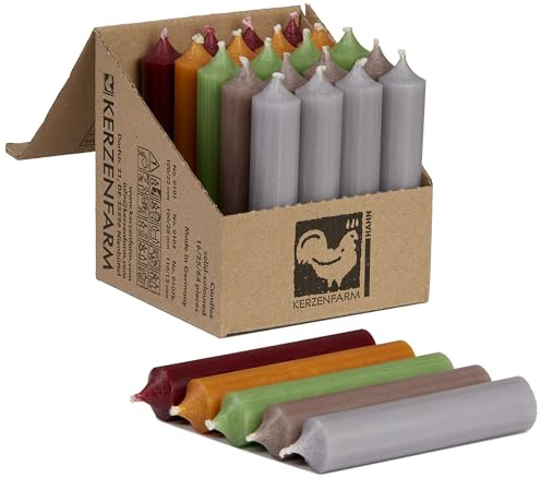 Kerzenfarm Hahn Stabkerzen Bunt Kerzenset 25 Stück, 100mm x 22mm, Durchgefärbte Spitzkerzen, 5+ Stunden Brenndauer, Made in Germany - Ohne Tropfen & Rußen - Unparfümierte (Herbst)
