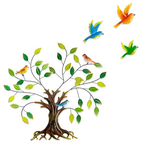 Pduoduo Décoration murale métallique « Arbre de vie » avec feuilles vertes et colibris, cadeau inspirant pour votre maison ou votre jardin - 24.4 inch de diamètre