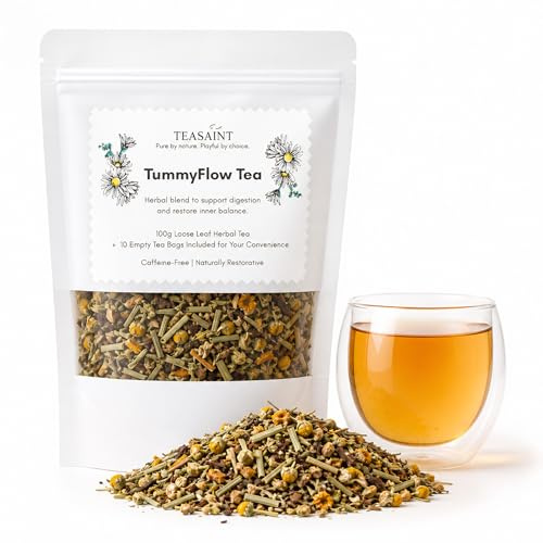 TeaSaint TummyFlow Tea – Peppermint, Fennel & Chamomile Digestive Comfort Blend | Ginger, Lemongrass & Citrus Peel | Gentle Daily Balance & Bloating Ease | 100g Loose Leaf (≈40-80 Cups)