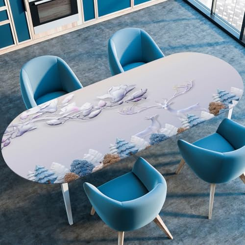 Hiseng Ovale Tischdecke, Tischdecke Oval Abwaschbar mit Gummizug, Abwischbare Outdoor Tischtuch Winter Fleckschutz Tischwäsche Küche Dekoration Party Dekor (Lila Hirsch,91cmx152cm)