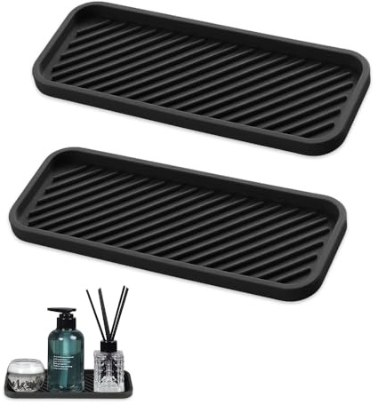 SZMK 2 Piezas Organizador Fregadero Silicona 23 X 9 X 1.5 CM,Alfombrilla Escurreplatos Silicona,Porta Esponja Baño,Soporte Esponja Fregadero,Bandeja Estropajos de Cocina para Ducha, Baño - Negro