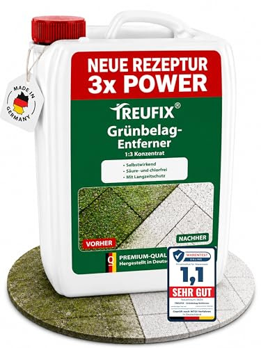 Treufix - Grünbelagentferner & Moosentferner Konzentrat [NEUE REZEPTUR] | selbsttätige Entfernung von Grünspan, Grünbelag & Moos |Steinreiniger für Pflastersteine, Terrassen 5L Made in DE