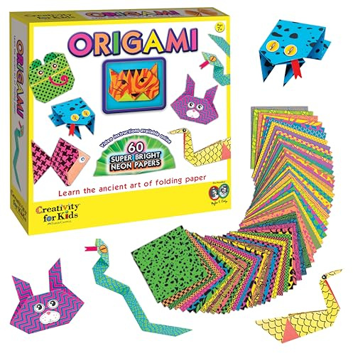 Creativity for Kids Origami Kit, 60 Bright Origami Papers, DIY Arts & Crafts for Kids, Neon Origami Animals, Video Tutorial Online (Ages 7+)