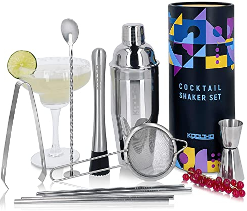 Kit Mojito Shaker Cocktail Set, Coffret Cocktails Cadeau Original Femme Homme Couple, Service Complet Professionnel Shakers Alcool Doseur Gradué Pilon INOX Cuillère Bar Passoire Pince Glaçons Pailles