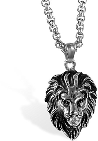 JewelryWe Schmuck Herren Biker Halskette, Edelstahl Zirkonia Gotik Punk Rock Löwe Löwenkopf Anhänger mit 22 Zoll Kette, Silber