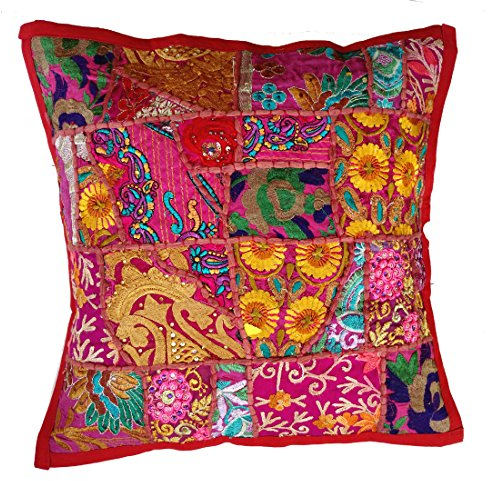 RASTOGI Kunsthandwerk handgemachtes Patchwork Kissen, Sari Patch Überwurf Kissen indischen ethnischen Kissenbezug bestickt Sari Patchwork Kissenbezug, Textil, Kastanienbraun, 40 x 40 cm