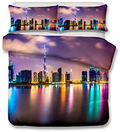 EnHome Bettbezug Bettwäsche Set, 3 Teilig 3D Moderne Stadt Erwachsener Kind Weiche Mikrofaser Bettwäsche-Set Bettbezüge mit Reißverschluss + 2 Kissenbezüge (135x200cm,Burj Khalifa)
