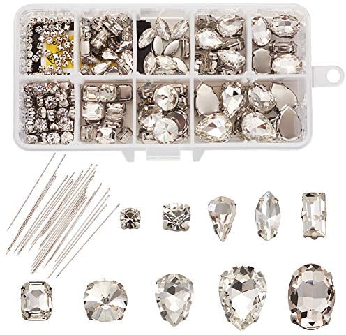 Cheriswelry, 180 gemme con diamanti sintetici in vetro trasparente con incastonatura a griffe, da cucire, con aghi, per decorare indumenti, abiti, vestiti