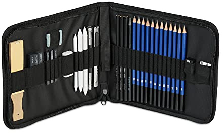 Relaxdays Zeichenset Bleistift 33-teilig, 12 Härtegrade, Kohlestifte, Graphitstifte, Radiergummis, Spitzer uvm., schwarz