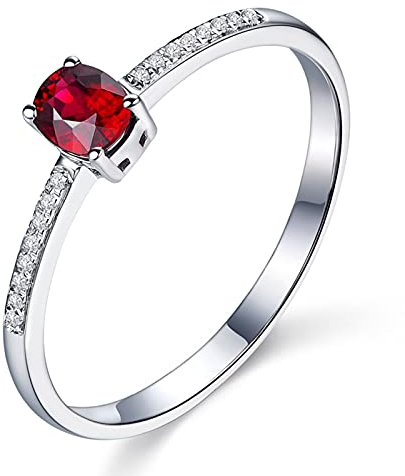 Daesar Trauring 18 Karat Weißgold Damen, 0.3ct Oval Rubin Solitär Verlobungsring Diamant Weißgold Eheringe Größe 61 (19.4)