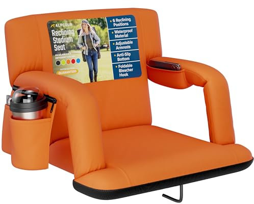 Alpcour Reclining Stadium Seat – Wide Bleacher Chair with Back Support and Cushion, Armrests, Side Pockets, and Bleachers Hook – Best Stadium Seats Chairs for Camping, Kayak, & Paddle Board Backs