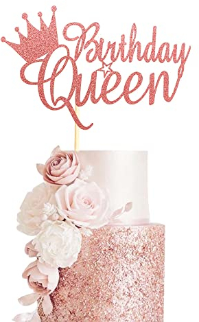 Arthsdite Queen Birthday Cake Topper Happy Birthday Kuchen Wimpelkette Dekor, Party-Dekoration Zubehör für Damen Mädchen Frauen – Roségold Glitzer