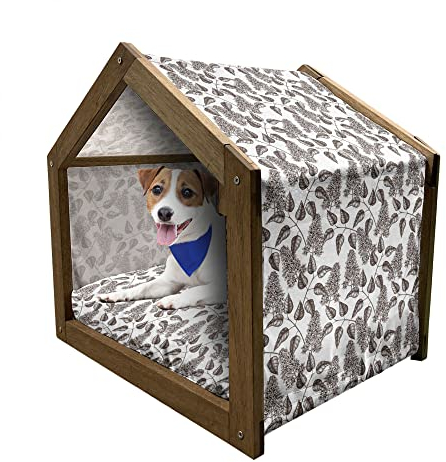 ABAKUHAUS Natur-Kunst Hundehütte aus Holz, Zweige und Flieder Bäume, tragbare Hundehütte für drinnen und draußen mit Kissen und Abdeckung, 72 cm x 100 cm, Braun weiß