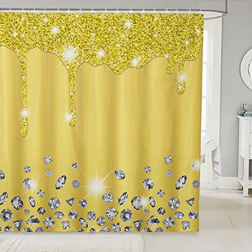 Loussiesd Silver Glitter Shower Curtain (No Glitter) Bling Partyations Yellow Bathroom Fabric for Diamond and Jewelry Bath Curtain Waterproof Curtains Stalls Bathtubs 72x84 Inch