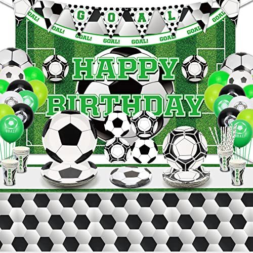 PIXHOTUL Fußball-Party-Zubehör, Sport-Motto-Party-Pack mit Tellern, Tassen, Servietten, Tischdecke, Banner und Luftballons für 20 Personen