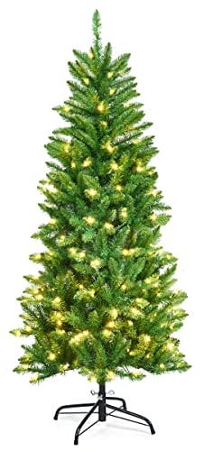 GiantexUK 5FT/6FT Pre Lit Premium Christmas Tree, Green Xmas Tree with 150/250 LED Lights, Metal Stand & 300/743 Branch Tips, Artificial Holiday Tree for Indoor Decoration (5FT)