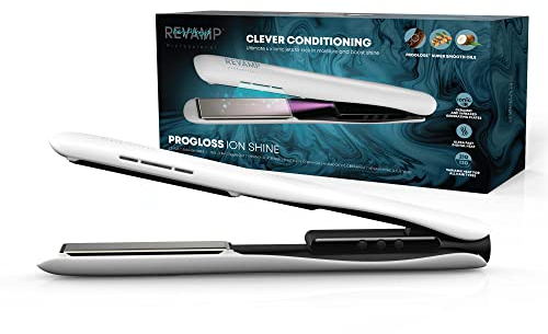 REVAMP Ion Shine Ceramic Hair Straighteners, Infrared and Ionic Technology for Sleek Frizz Free Results, Infused with Smooth Keratin, Argan and Coconut Oils, Variable Heat, for All Hair Types, White