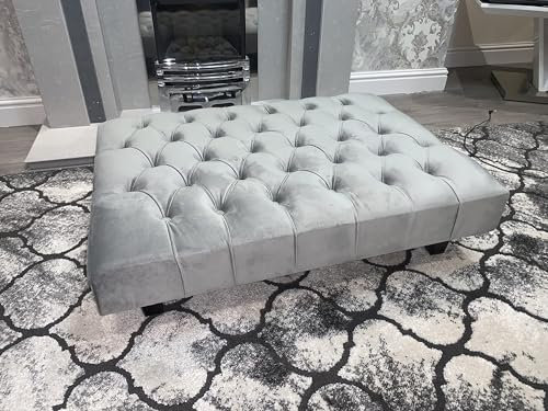 mm08enn Large Luxury Chesterfield Footstool, Coffee Table, Footrest in Plush Velvet Fabric Comes Wooden Legs (Grey)