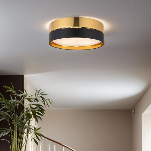 Licht-Erlebnisse Deckenleuchte rund Metall Stoff Ø 45 cm Schwarz Gold blendarm 3x E27 Deckenlampe Wohnzimmer Schlafzimmer