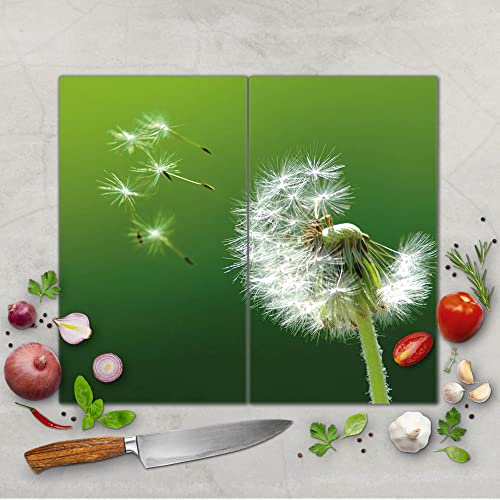 banjado Schneidebrett Glas mit Motiv Pusteblume - großes zweiteiliges Glasschneidebrett rechteckig 2 x 30 cm x 52 cm - auch verwendbar als Schneidebrett Herdabdeckung