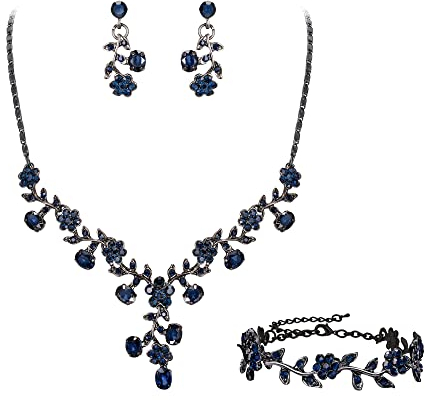 EVER FAITH Hochzeit Party Schmuck Set für Braut österreichischen Kristall Cluster Blume Kostüm Halskette Ohrringe Armband Saphirblau Schwarz-Ton