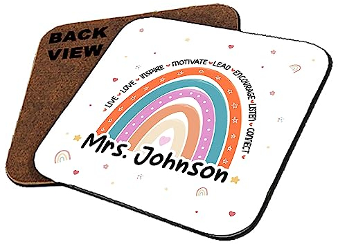 Personalised Teachers Coaster, Rainbow Gift, Tableware, Coffee/Tea/Drink Coaster. (Square Shaped Coaster)