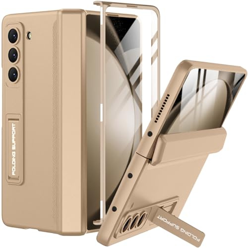 Miimall Hülle Kompatibel Mit Samsung Galaxy Z Fold 5, Robust PC Mit Displayschutz & Ständer, Anti Drop Handyhülle, Scharnierschutz Case - Gold