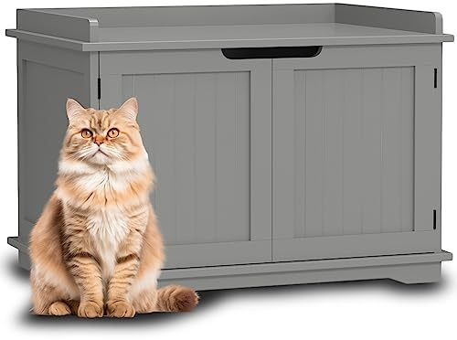 BAKAJI Erhöhter Katzentoilette mit seitlichem Eingang, runder Eingang, Mehrzweckschrank für Haustiere mit 2 Türen, Magnetverschluss, Bett Farbe Grau, 72 x 5 x 52 cm