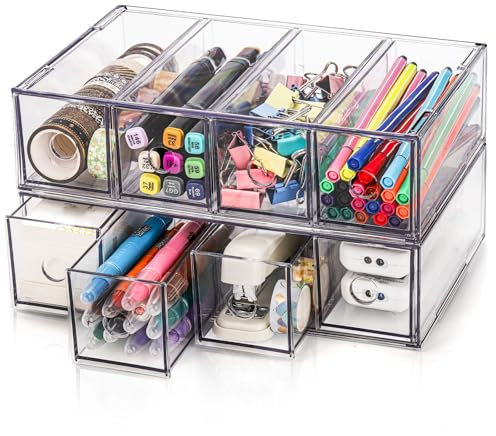 Mezchi 2 Pack Acrylic Storage Drawer Organizer with 8 Drawers, Dustproof Pen and Marker Storage Organizer for Desk, Clear Makeup Drawer Organizers for Art Crafts, Marker, Countertop