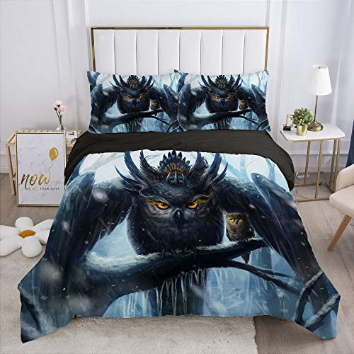 GIENDI Eule Bettwäsche 200x200cm, 3Tlg Bettbezüge Set Winterwaldtier Eule 3D Motiv mit Reißverschluss und 2 Kissenbezüge 80x80cm,Microfaser Kinderbettwäsche ÖKO-TEX Zertifiziert für Allergiker