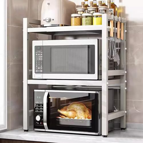 Microwave Oven Rack,Expandable Microwave Rack 3 Tier Microwave Oven Shelf Carbon Steel Over Microwave Shelf Width 40-63cm Adjustable Kitchen Counter Organizer with 6 Hooks (3-Tier White)