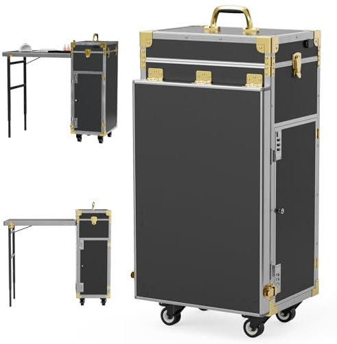 CyyKcc Portable Rolling Makeup Train Case, Manicure Table Foldable Traveling Nail Desk w/Storage, Worktable and Mirror, Bluetooth Player Cosmetic Trolley Case Nail Table, Gold Black