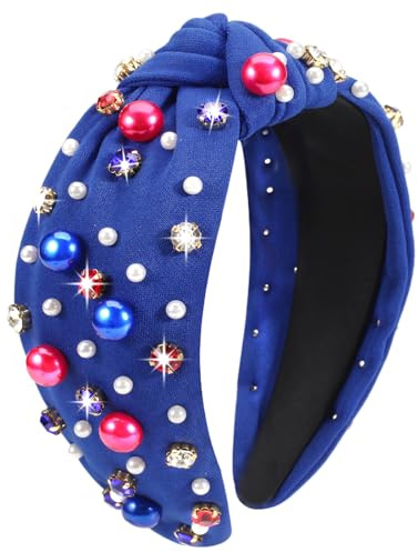 Ardorchid Serre-tête patriotique large noué avec strass et perles - Cadeau de vacances - Accessoires pour cheveux - Rouge, blanc et bleu