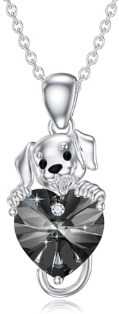 LONAGO Hund Halskette 925er Sterling Silber Niedlicher Hund mit Herz Kristall Anhänger Halskette für Damen (Schwarz)