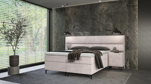 Best For Home Boxspringbett | Doppelbett mit 2 Nachttischen | Boxspringbett mit 7-Zonen-Bonnellfederkernmatratze und Topper | Boxspringbett 180x200 mit Stauraum | Velutto-Stoff, Design für Erwachsene