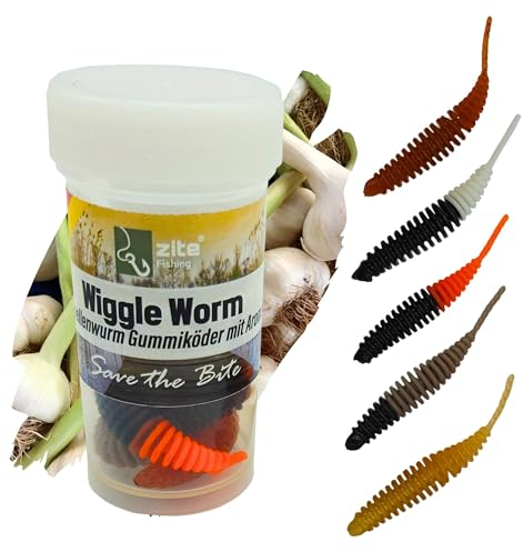 Zite Fishing Wiggle Worm Nature Mix 10 Stück – Lamellen-Gummiwurm für Ultra Light Forellen Angeln - 5,5cm Gummiköder & Phthalatfrei – Natur Knoblauch
