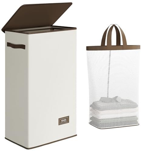 SOLEDI 70L Wäschekorb, Wäschesammler mit Deckel und Wäschesack - Wäschesortierer Groß Für Badezimmer, Schlafzimmer, Wäschekammer, Kinderzimmer