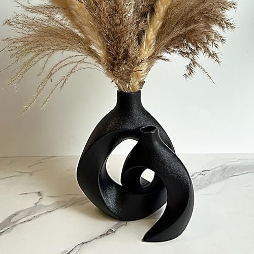 LIFFY Black Ceramic Vase Set of 2, Decorative Flower Vase for Pampas Grass, Nordic Modern Boho ins Style Donut for Flowers, Home Living Room,Farmhoue (Black,8 and 6)