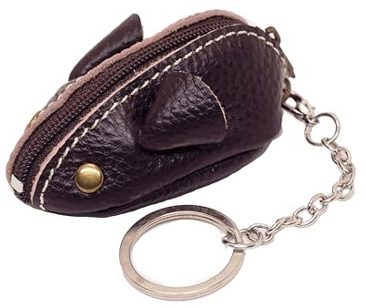 BAWAKO Mini Maus Shape Schlüsselanhänger aus Leder Kleingeldbörse Mäuschen - Mini Schlüsseltasche Münzbörse Schlüsselring Kinder und Erwachsene (Dunkelbraun)
