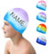 NGTSFLY Kinder-Badekappe, Kinder-Badekappe mit Namen, Erwachsene Unisex-Silikon-Badekappe, Langhaar-Badekappe für Mädchen (Lila und Blau)