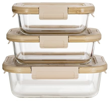 LEOM Bamboo Lid Glass Food Storage Containers Set, Reusable Eco-Friendly Borosilicated Glass Meal Prep Containers, Airtight Lunch Box, Microwave Safe, Freezer To Oven Safe, Non-Toxic, 2 Pack Set