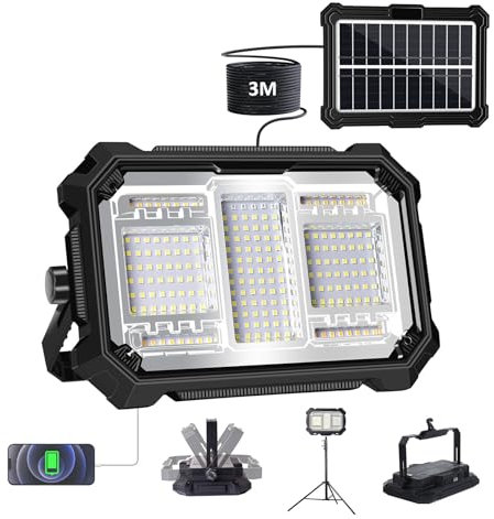 MASMEJOR Projecteur LED Rechargeable, Projecteur LED Batterie avec Panneau Solaire Indépendant, Câble 3M, 10000mAh, 5 Modes d'éclairage, Base magnétique, Lampe de Travail Idéal pour Camping, Travail