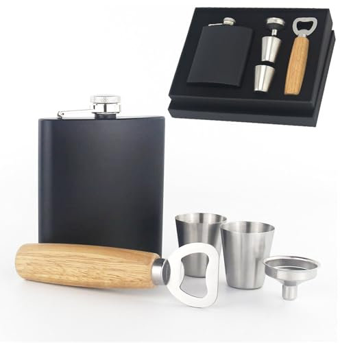 Flachmann Edelstahl Flask 210ml - mit Zwei Tassen und Trichter Öffner,Geschenk für Väter,Edelstahl Flachmann Geschenk für Wandern Hochzeit Camping Klettern Picknick