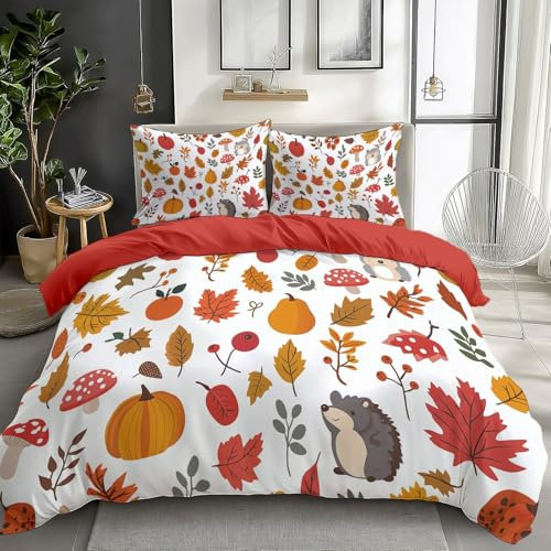 CozyRest 2 teilig Bettwäsche-Sets 100 x 135 cm Ziegelrot - Bettbezug mit Kürbis Igel Ahornblätter Muster, Mikrofaser mit Reißverschluss Atmungsaktiv Weich und Bügelfrei, Kissenbezug 40x60 cm