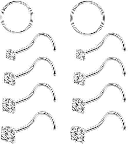 agogue 10 Stück Nasenpiercing Stecker, Silber Nasenring, Zirconia Nostril Piercing, Geeignet für Frauen und Männer
