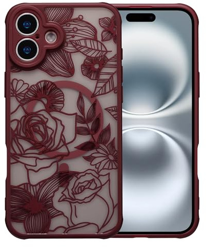 XIZYO Magnetic Rose Flower Case for iPhone 16 Plus 6.7 Inch, Wine Red | Compatible with MagSafe, Cute Aesthetic Rose Floral Pattern, Translucent Frosted Touch, Girly Design, Shockproof Anti-Yellow